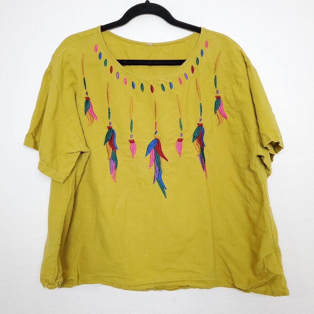 Womens Top Size XXL Linen Embroidered Boxy Boho Short Sleeve Multicolor